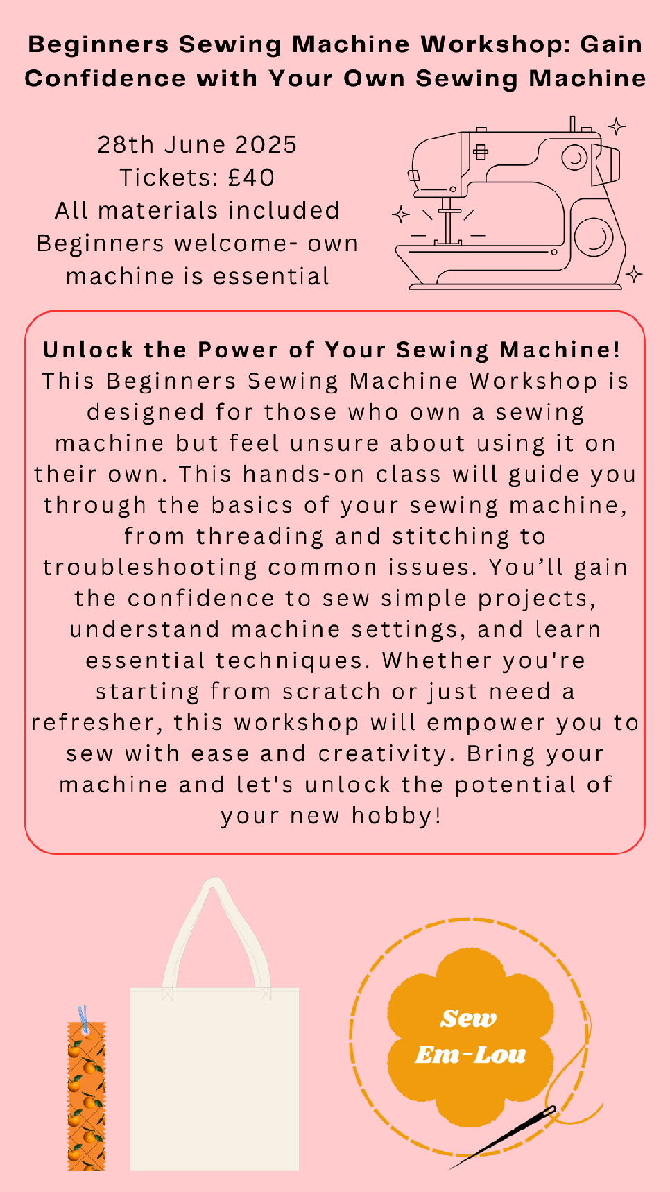 Guest Workshop - Beginners Sewing Machine Workshop - Saturday 28th June - 1-4pm
