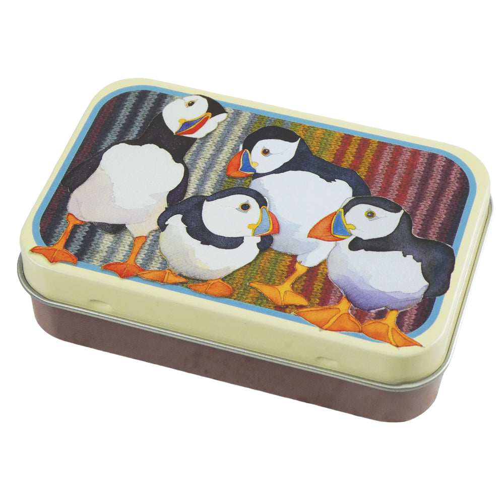 Emma Ball - Stripey Puffins Mini Hinged Tin