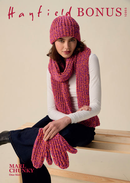 Hayfield Bonus Marl Chunky - Together hat, scarf & mitts 10955
