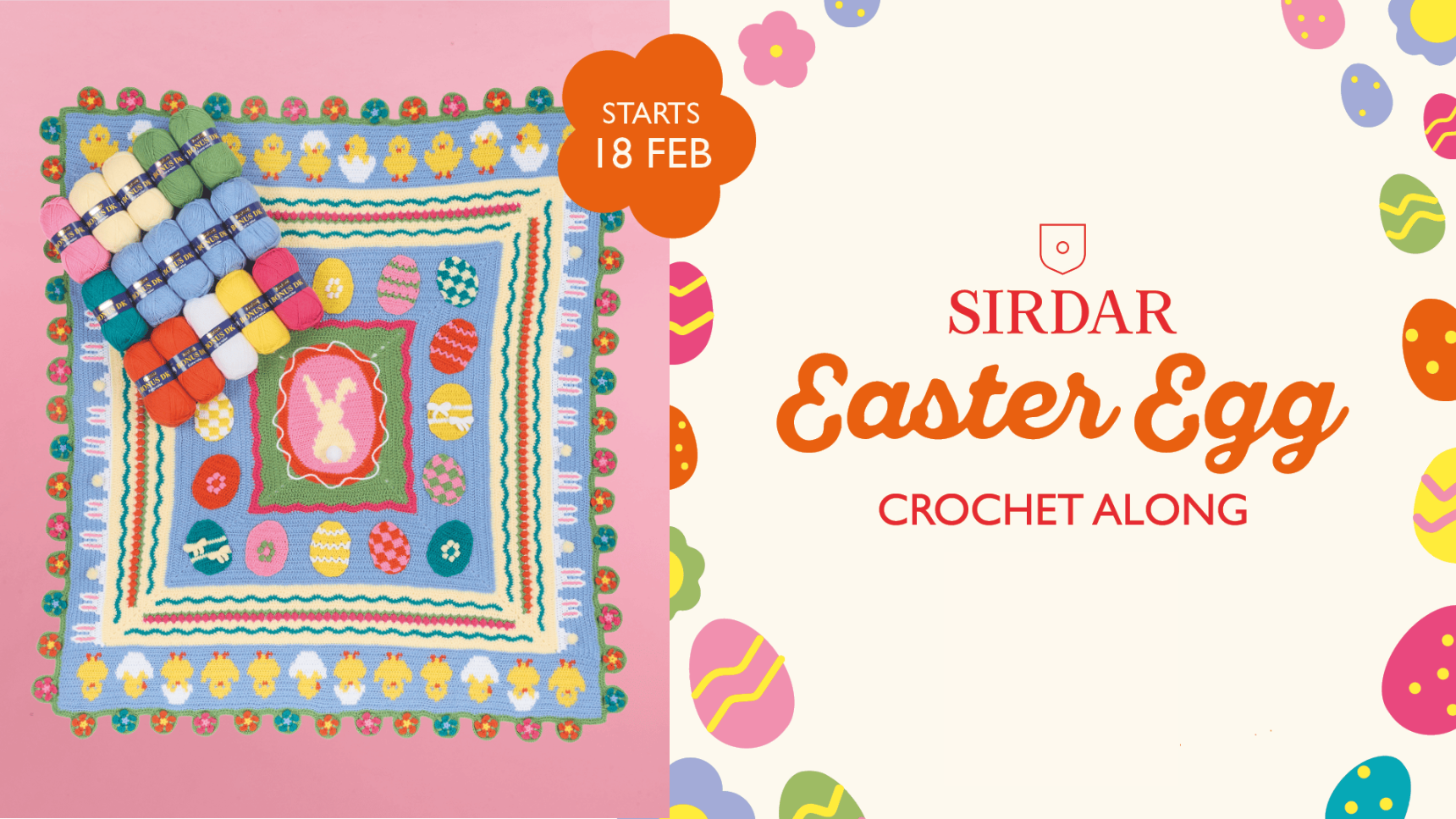 Promotional graphic for Sirdar Easter Egg Crochet Along with a colorful crochet blanket and Easter eggs on a pink background.